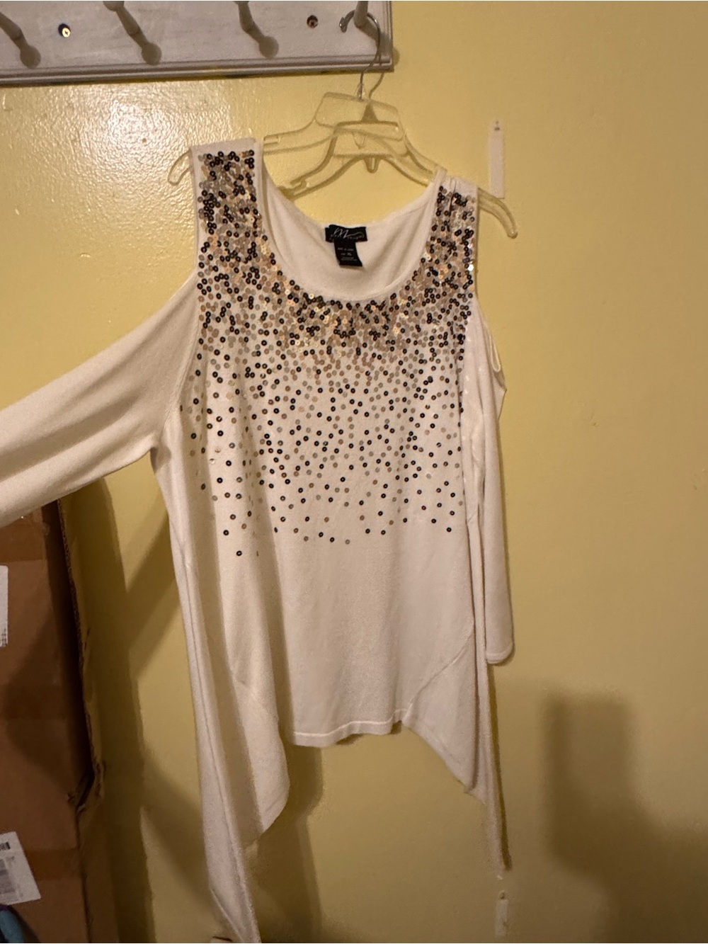 Velvet White Cold-Shoulder Sequin Embellished Sweater